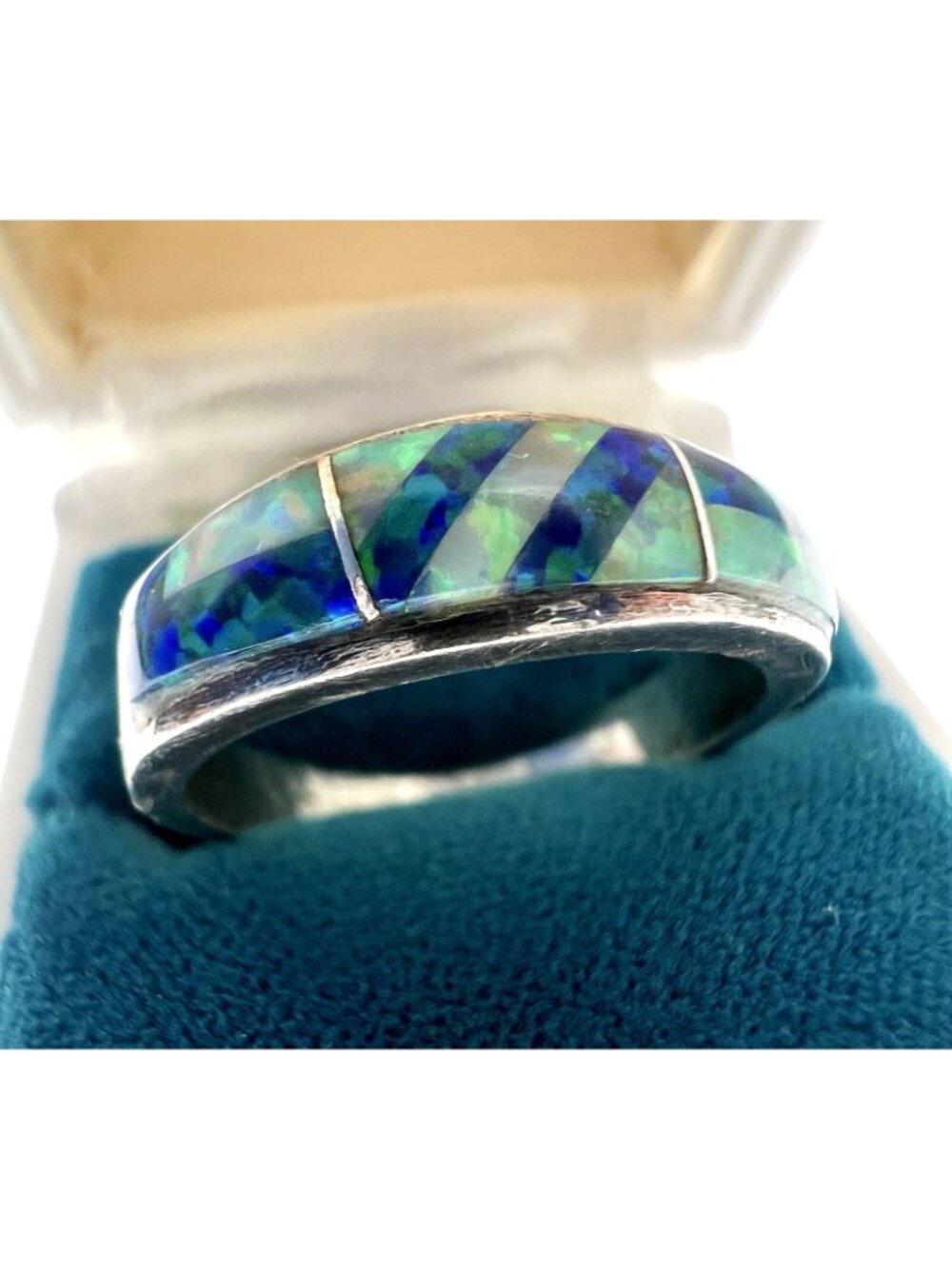 Vintage Sterling Silver & Blue Opal Inlay Ring Size - Picture 3 of 10